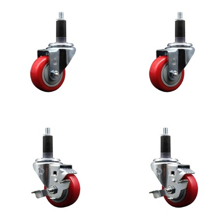 Service Caster 3'' SS Red Poly Wheel Swivel 1-1/8'' Expanding Stem Caster Set 2 Brakes, 4PK SCC-SSEX20S314-PPUB-RED-2-TLB-2-118